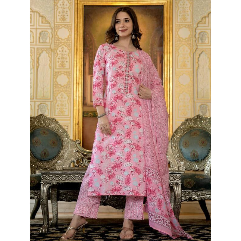 Vaamsi Women's Rayon Blend Floral Straight Printed Kurta Pant With Dupatta (PKSKD2567PNK_L_Pink)