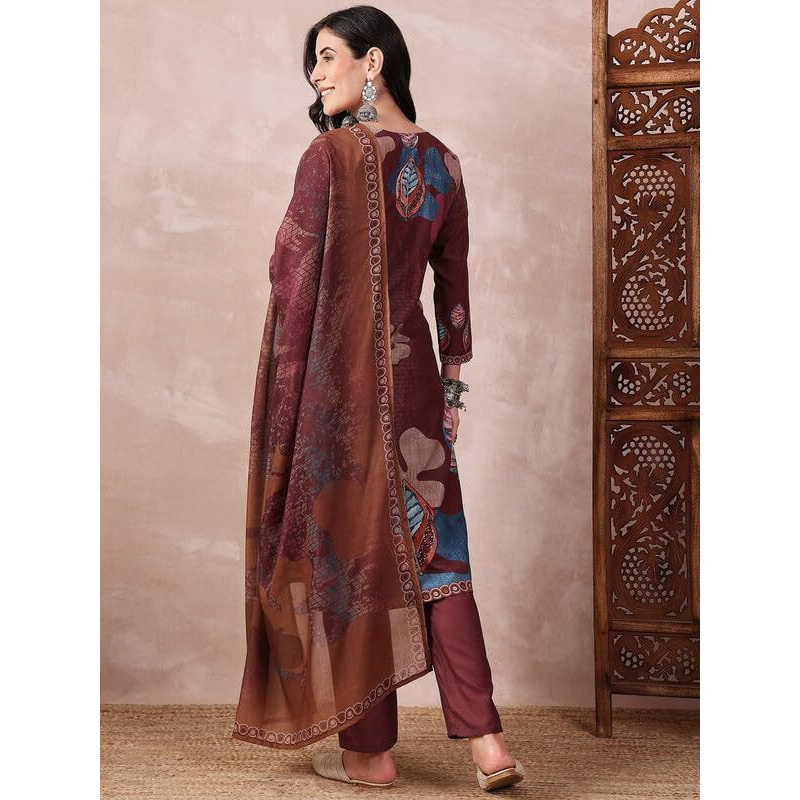 Vaamsi Women's Floral Straight Printed Kurta Pant With Dupatta (PKSKD2552BRN_L_Brown)