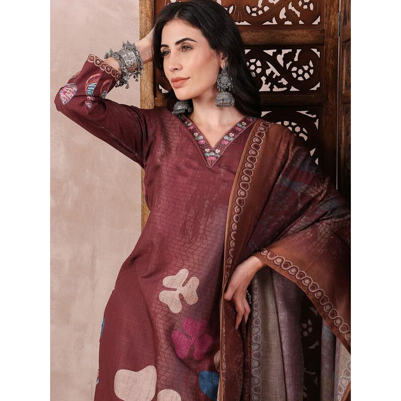 Vaamsi Women's Floral Straight Printed Kurta Pant With Dupatta (PKSKD2552BRN_L_Brown)