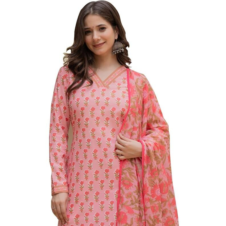 Vaamsi Women's Floral Straight Printed Kurta Pant With Dupatta Set (VKSKD2239_4XL_Pink)
