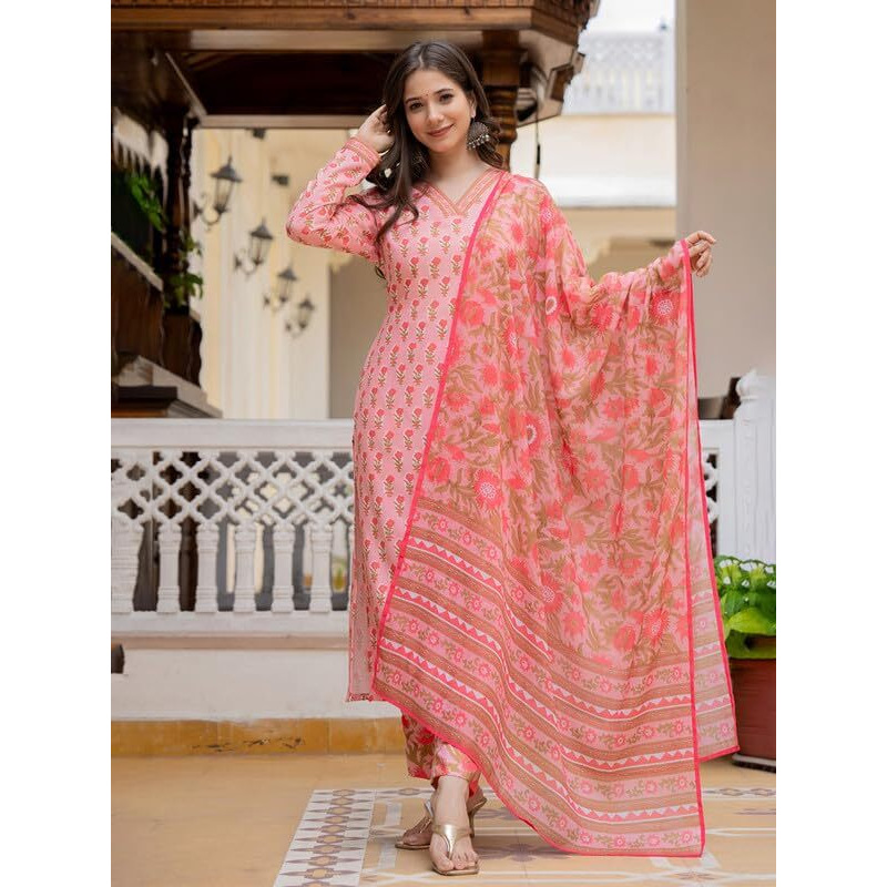 Vaamsi Women's Floral Straight Printed Kurta Pant With Dupatta Set (VKSKD2239_4XL_Pink)