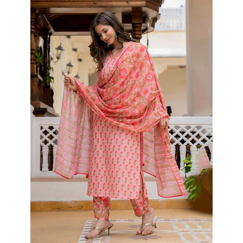 Vaamsi Women's Floral Straight Printed Kurta Pant With Dupatta Set (VKSKD2239_4XL_Pink)