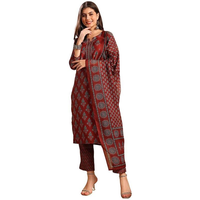 Vaamsi Women's Floral Straight Printed Kurta Pant With Dupatta Set (VKSKD2249_XS_Brown)