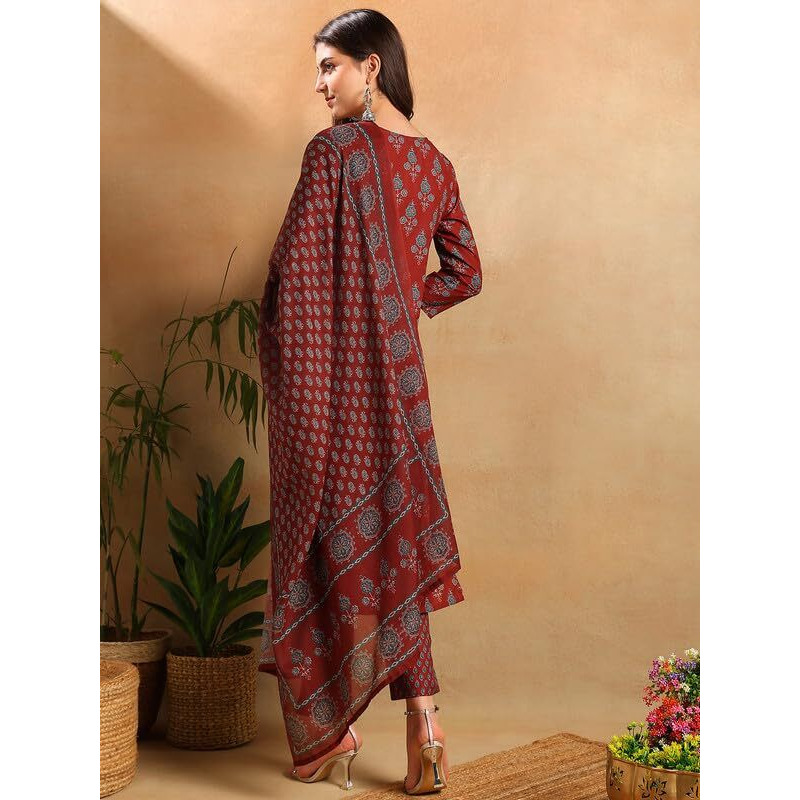 Vaamsi Women's Floral Straight Printed Kurta Pant With Dupatta Set (VKSKD2249_XS_Brown)