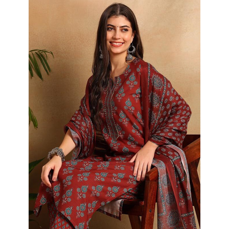 Vaamsi Women's Floral Straight Printed Kurta Pant With Dupatta Set (VKSKD2249_XS_Brown)