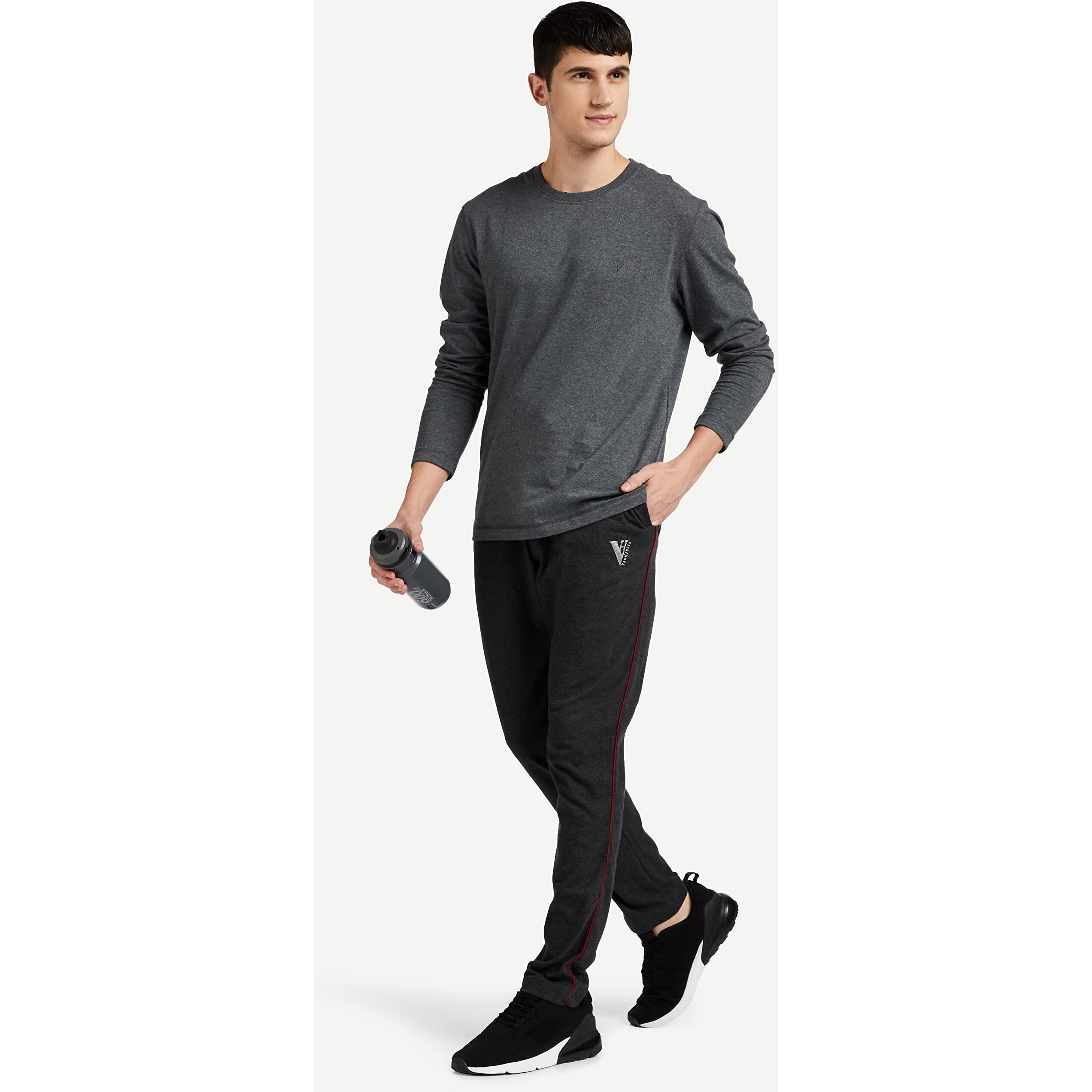 Van Heusen Men Athleisure Smart Tech Regular Fit Trackpants - Easy Stain Release, Anti Stat, Ultra Soft_50056_Charcoal Melange_S