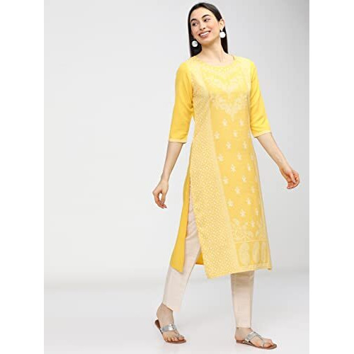 KETCH Women's Polyester Regular Fashion Kurta (Khku000083_Yellow), 2XL