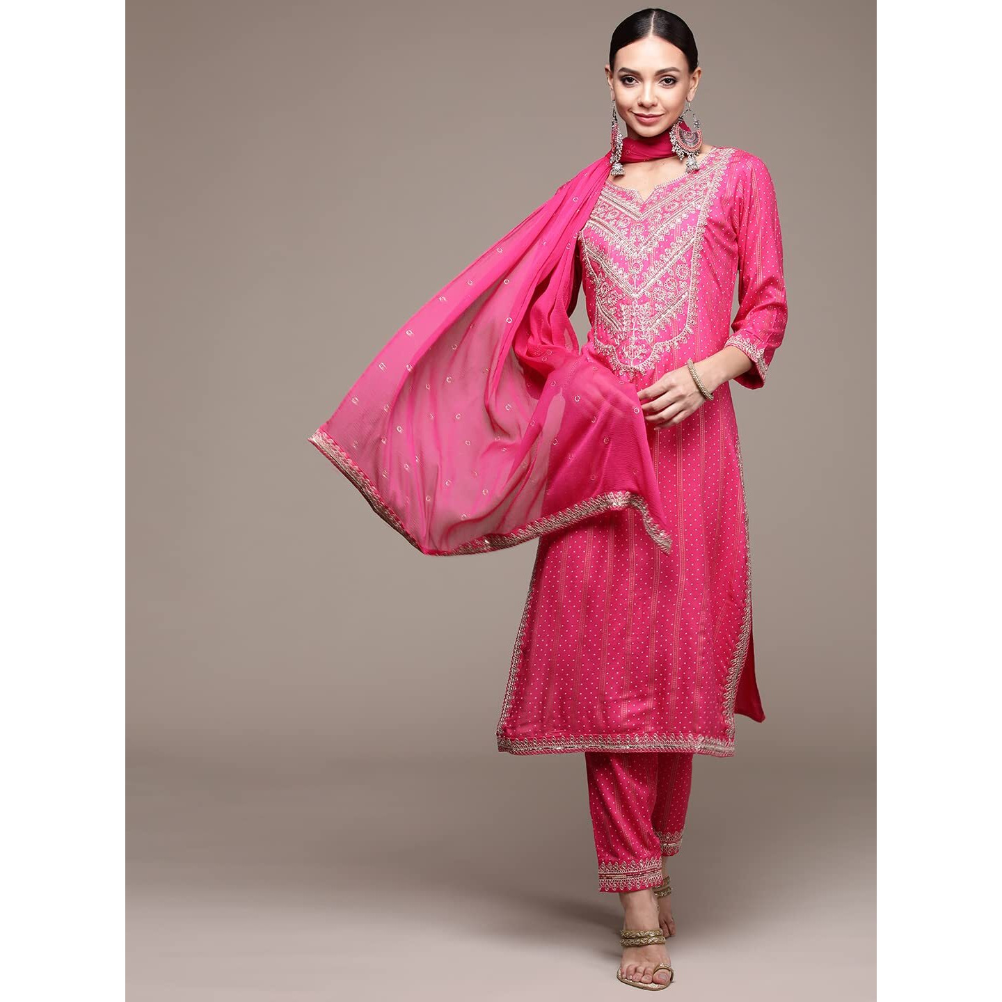 anubhutee Women's Pink Gotawork Printed Kurta set with Trousers and Dupatta