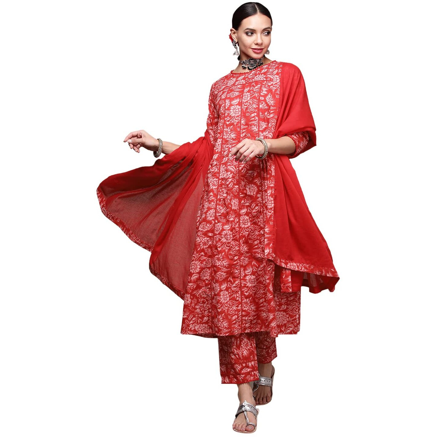 anubhutee Women's Cotton Printed A-Line Kurta suit set with Dupatta & Pants ABWSD2234_RD_S_Red