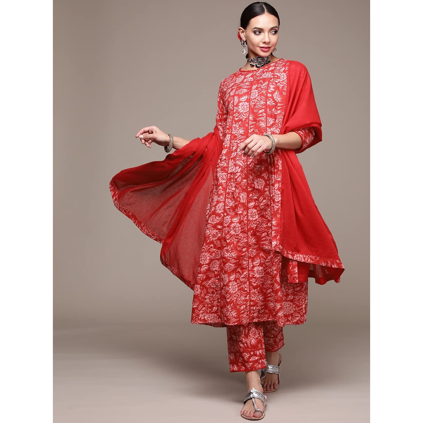 anubhutee Women's Cotton Printed A-Line Kurta suit set with Dupatta & Pants ABWSD2234_RD_S_Red