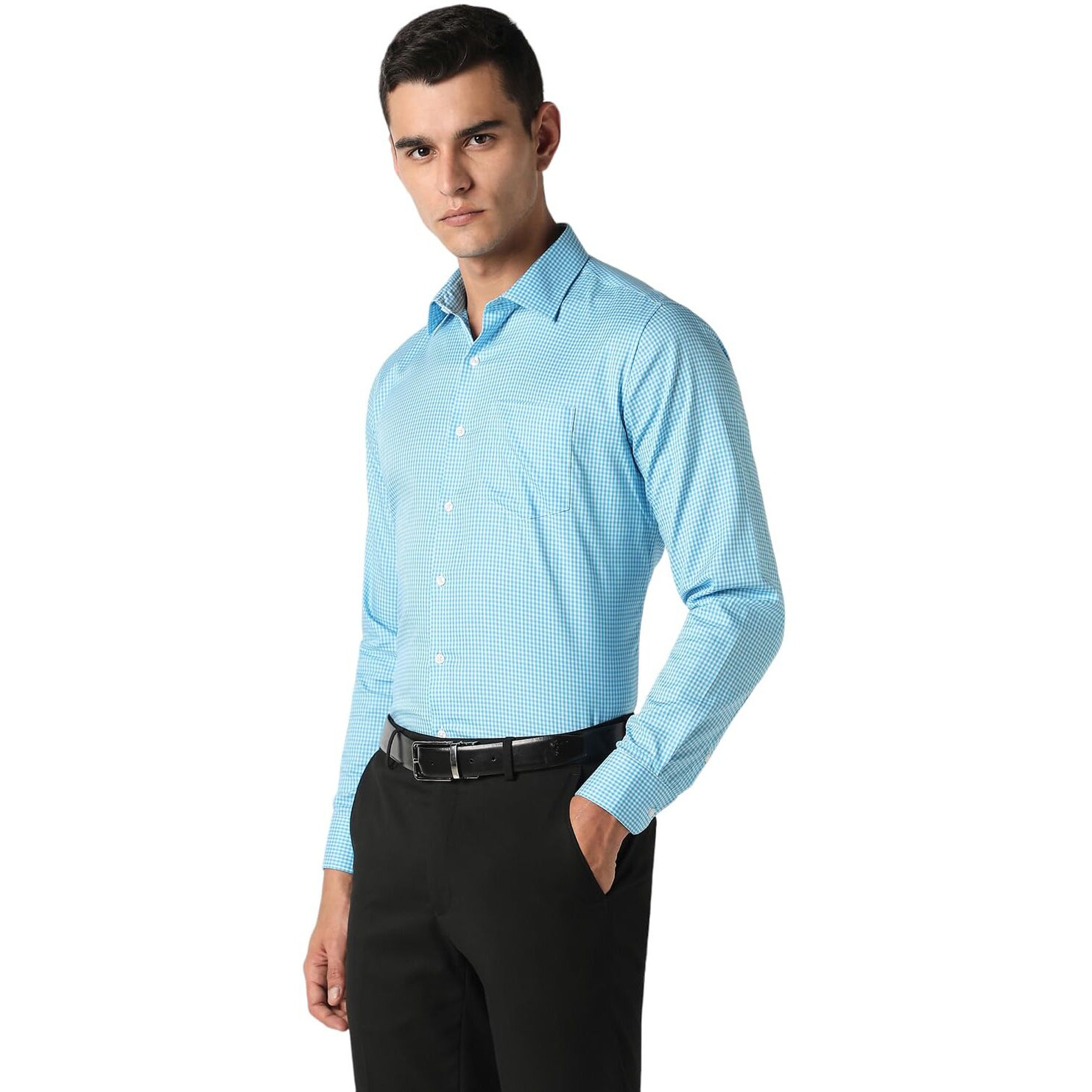 Van Heusen Men's Checkered Slim Fit Shirt (VHSFRSLBV82506_Aqua 40)