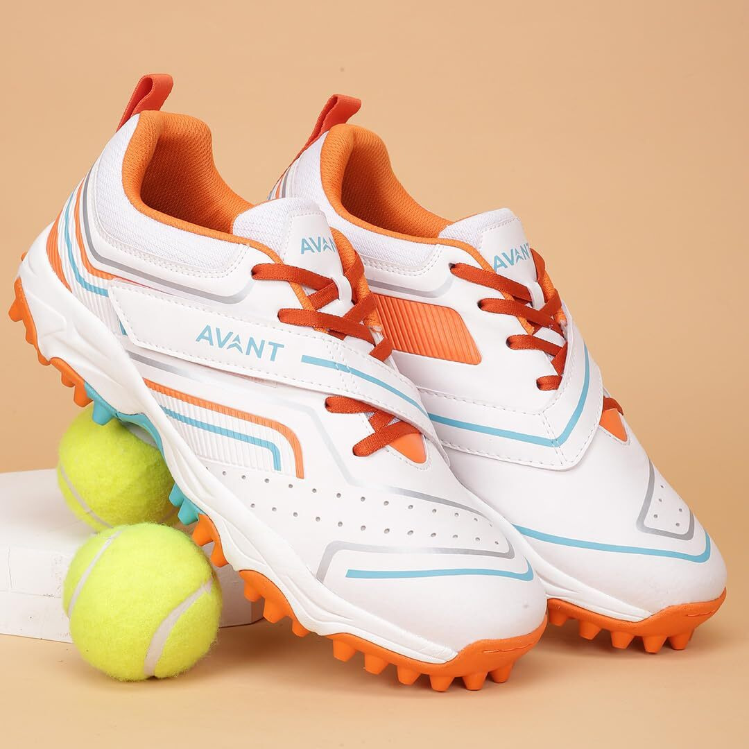 AVANT Men's Impact Cricket Shoes - Anti Skid Shoes with Rubber Outsole,Lightweight and Durable, Comfortable Cushioning, Outdoor Shoes Ideal for Turf, Ground Surfaces (AVMSH101CL02UK9_White/Orange)
