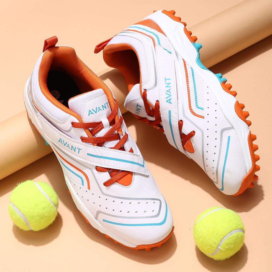 AVANT Men's Impact Cricket Shoes - Anti Skid Shoes with Rubber Outsole,Lightweight and Durable, Comfortable Cushioning, Outdoor Shoes Ideal for Turf, Ground Surfaces (AVMSH101CL02UK9_White/Orange)