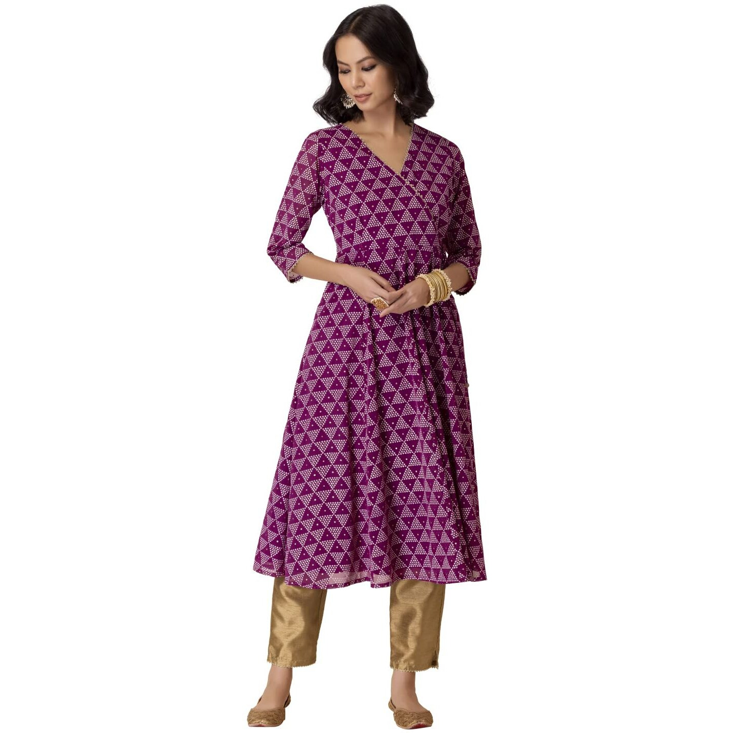 Indya Printed Georgette V Neck Womens Kurta (Purple, Medium)