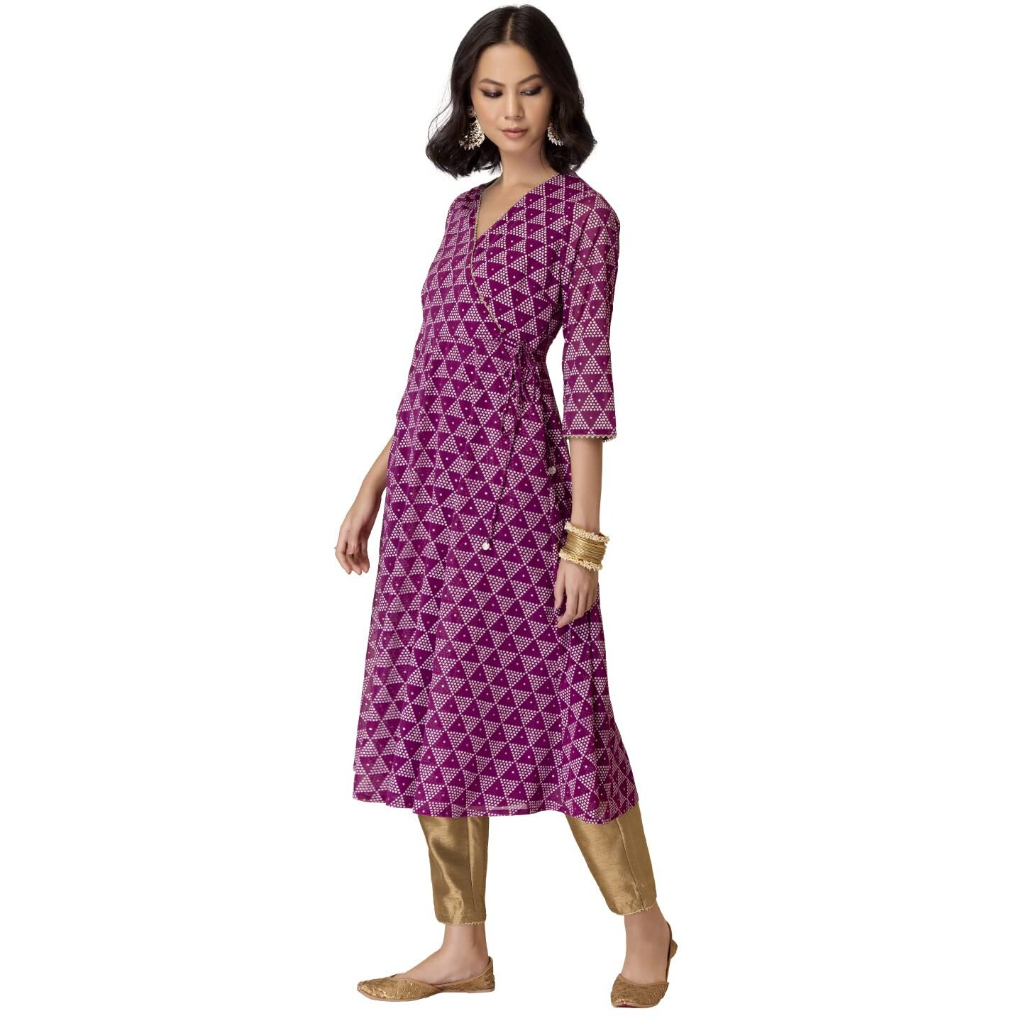 Indya Printed Georgette V Neck Womens Kurta (Purple, Medium)