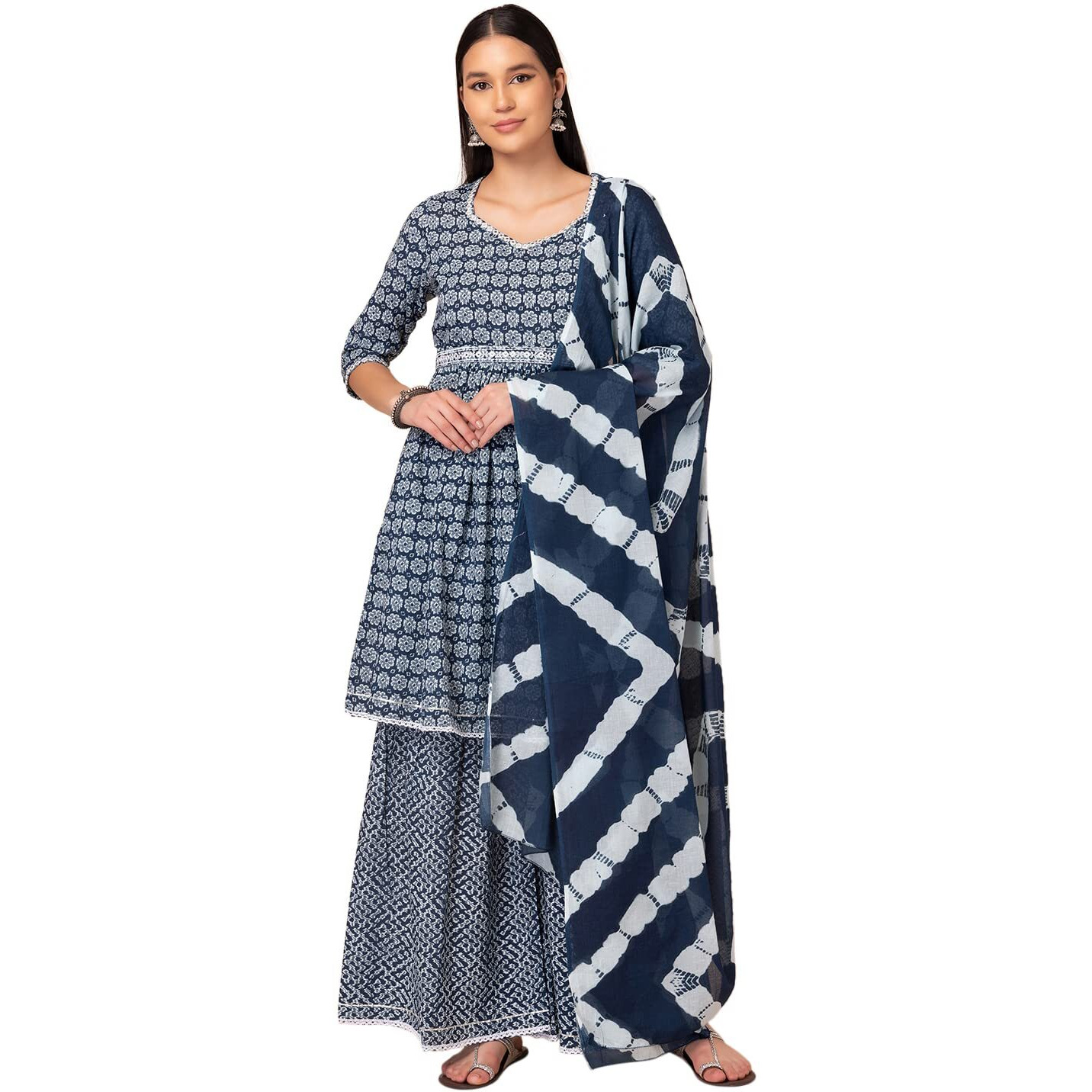 Indya Women's Cotton Regular Kurta Sets (ICD00098_Blue_M)