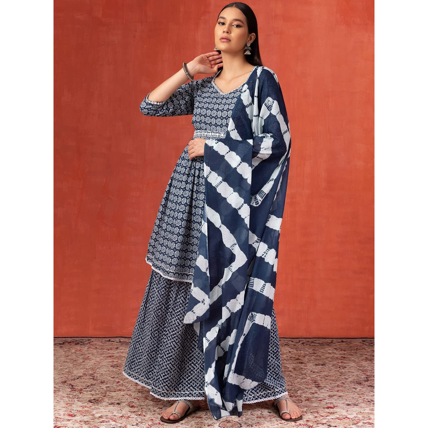 Indya Women's Cotton Regular Kurta Sets (ICD00098_Blue_M)