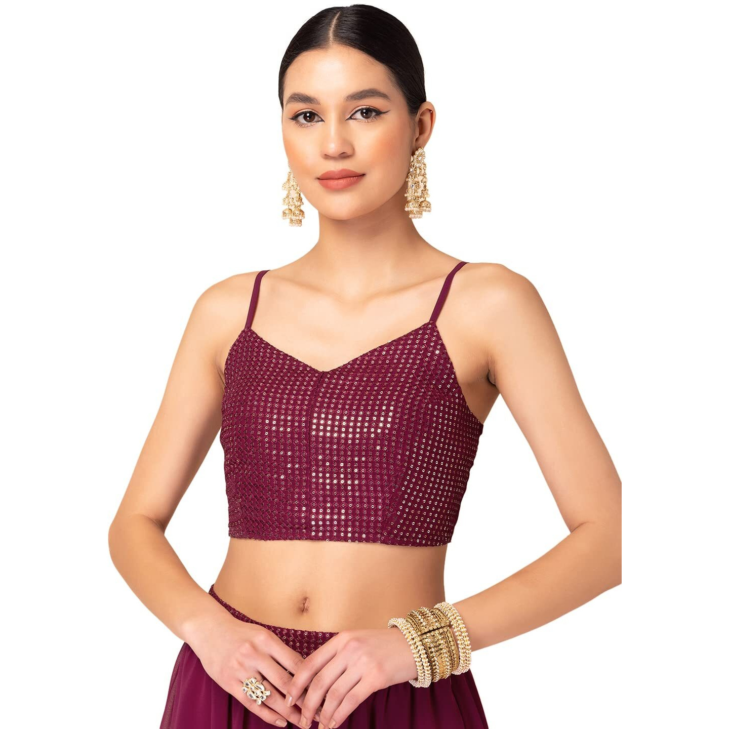 Indya Women's Regular Fit Purple Sequin Embroidered Strappy Blouse (ITP01314 L)