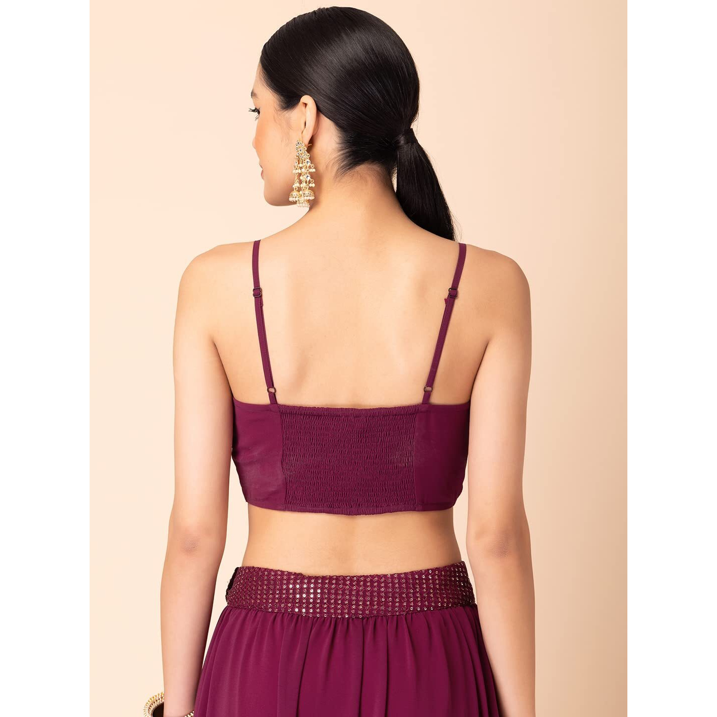 Indya Women's Regular Fit Purple Sequin Embroidered Strappy Blouse (ITP01314 L)