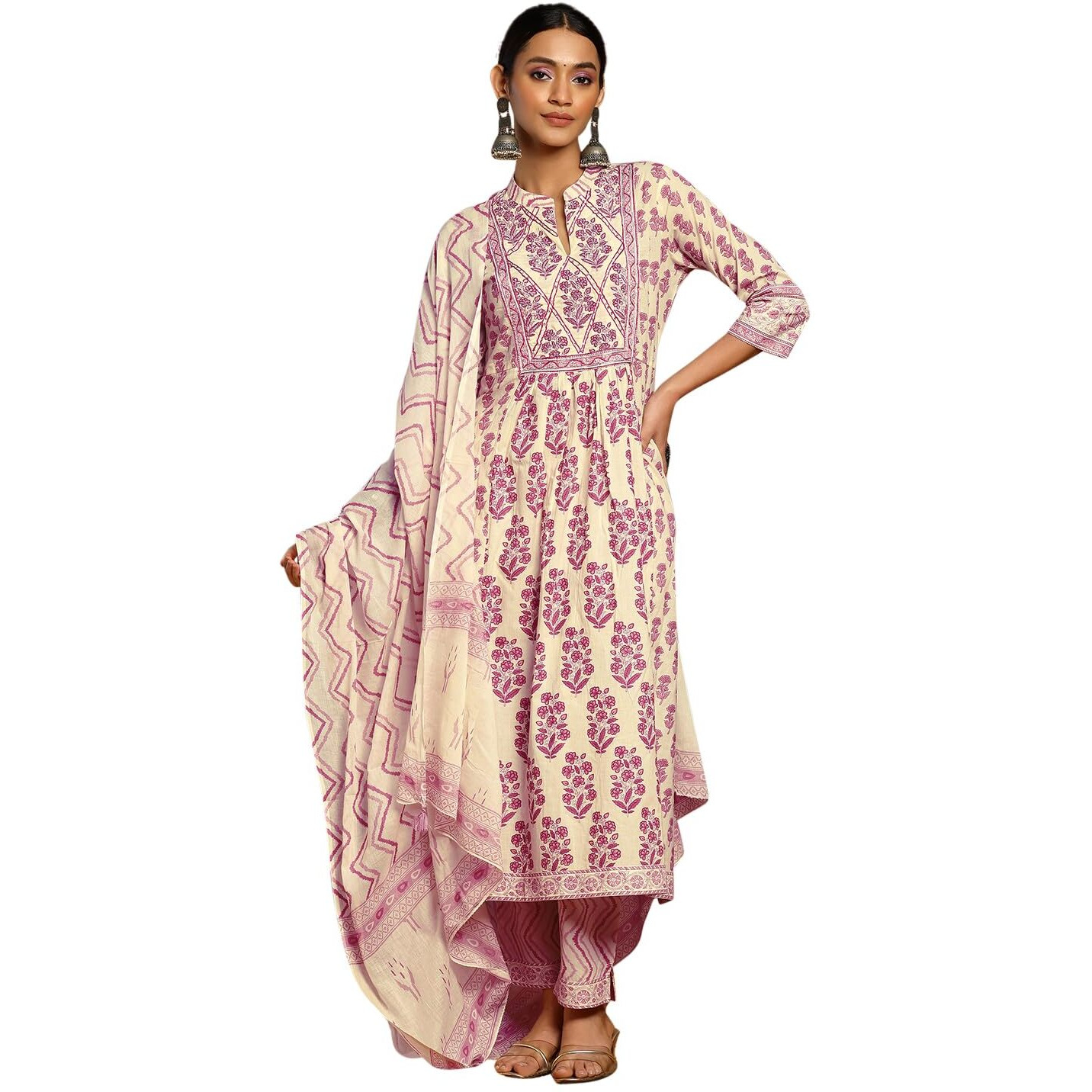 Indya Women's Cotton Kurta Sets (ICO00594_Beige_M)
