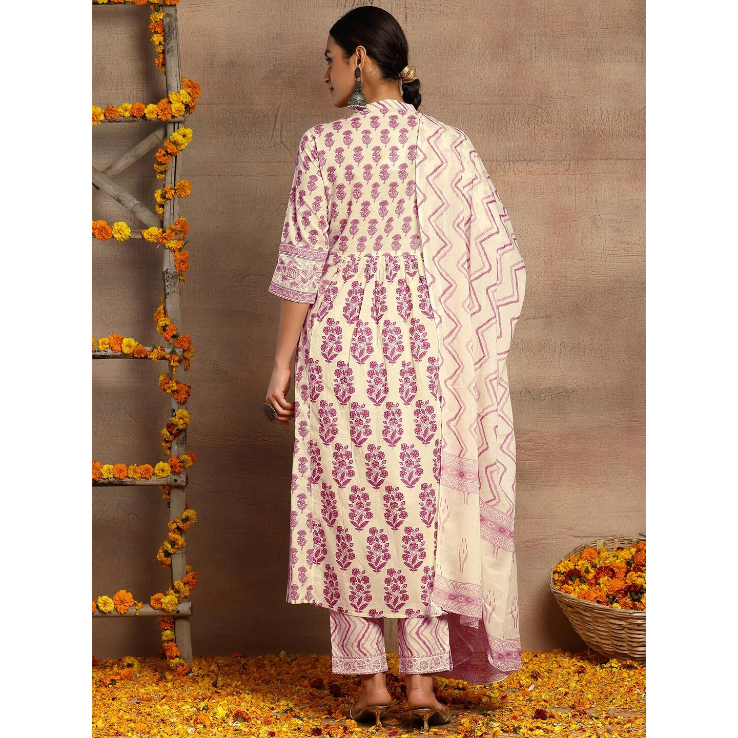 Indya Women's Cotton Kurta Sets (ICO00594_Beige_M)
