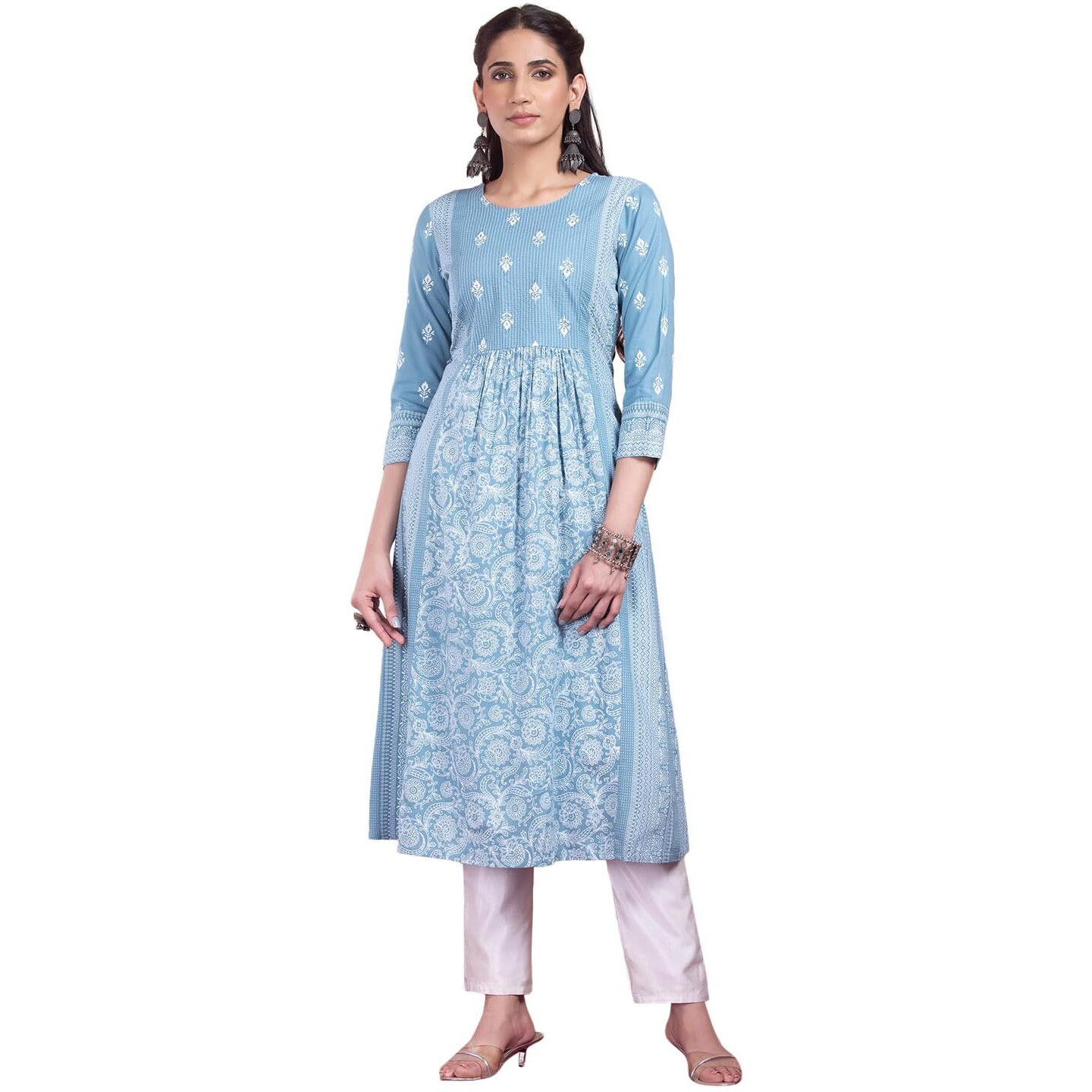 Indya Women's Regular Light Blue Floral Print Rayon A-Line Kurta (ITN05354