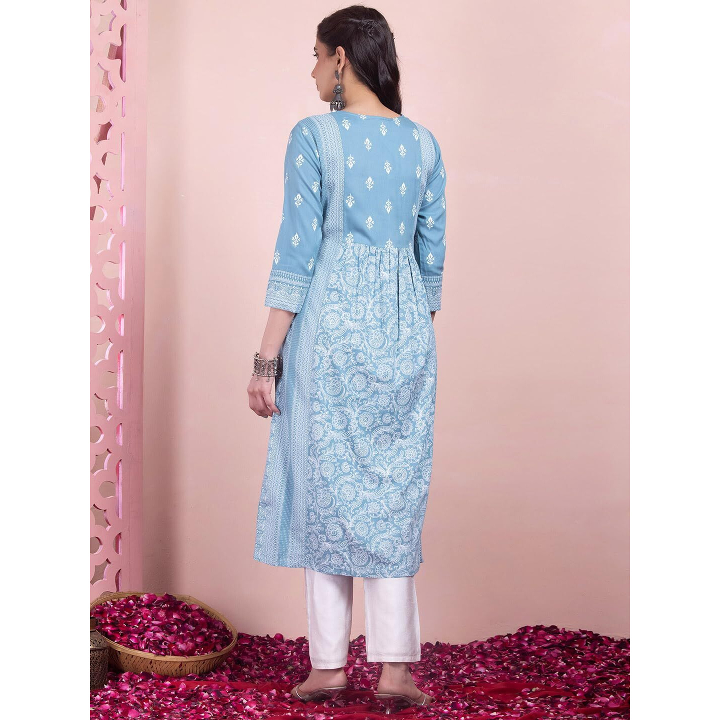Indya Women's Regular Light Blue Floral Print Rayon A-Line Kurta (ITN05354
