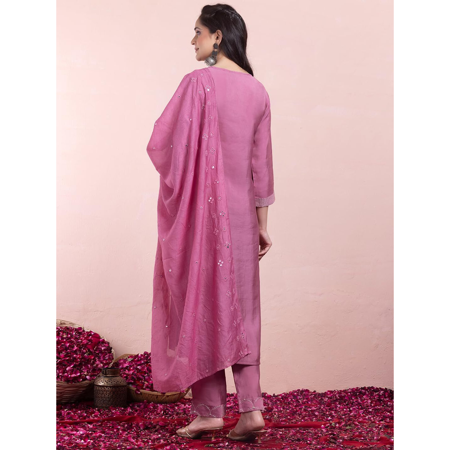 Indya Zari Embroidered Chanderi A-Line Women's Kurta with Pants And Dupatta Set (PINK, SMALL)