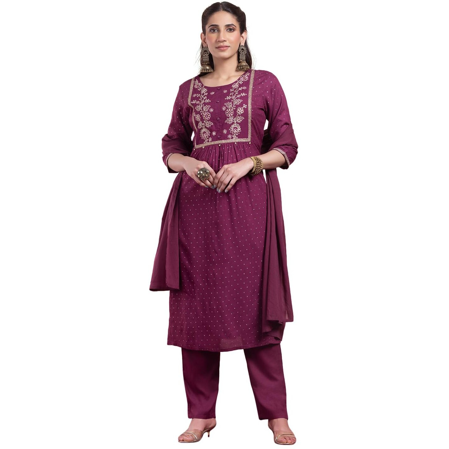 Indya Embroidered Rayon Round Neck Women's Salwar Kurta Dupatta Set (Purple, Medium)