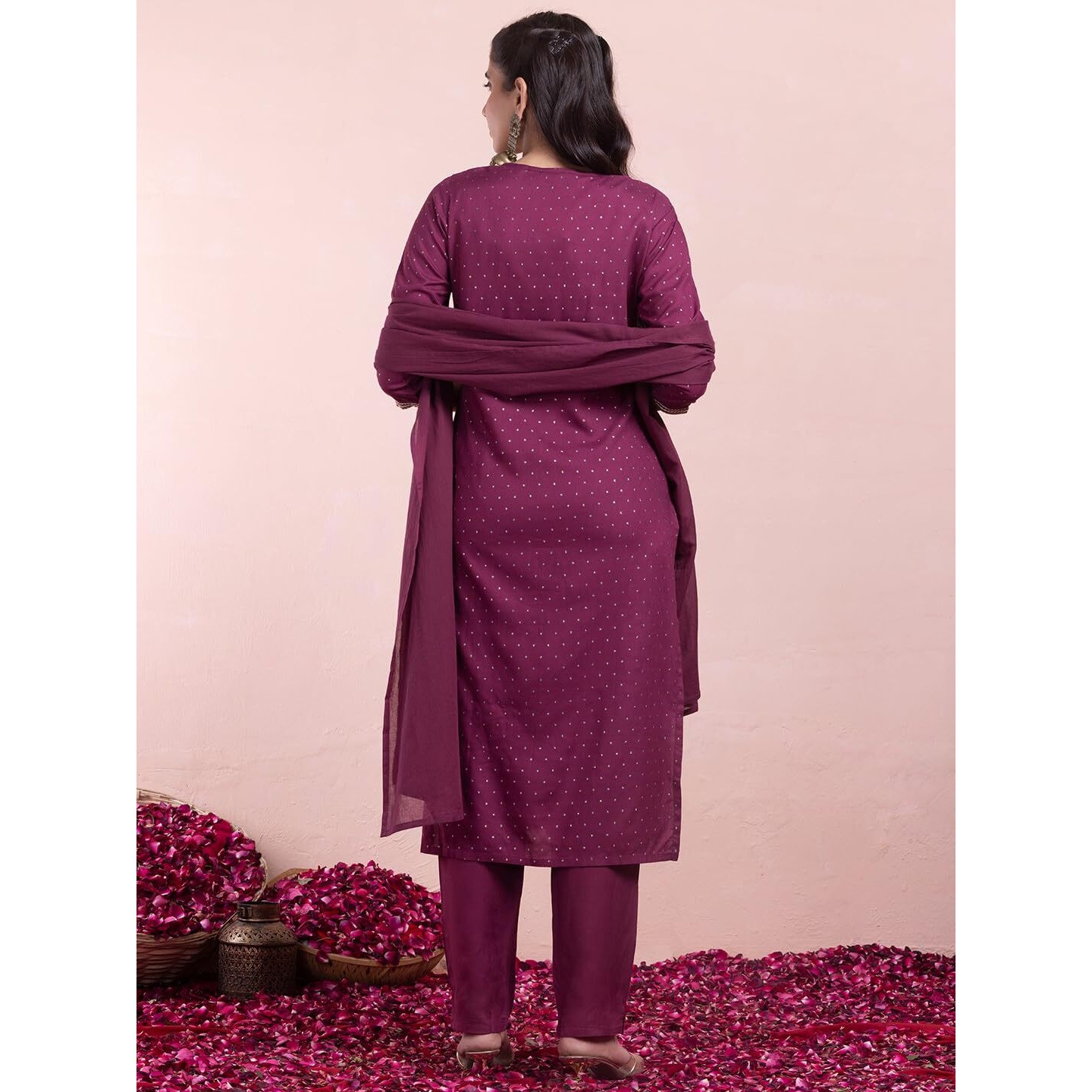 Indya Embroidered Rayon Round Neck Women's Salwar Kurta Dupatta Set (Purple, Medium)