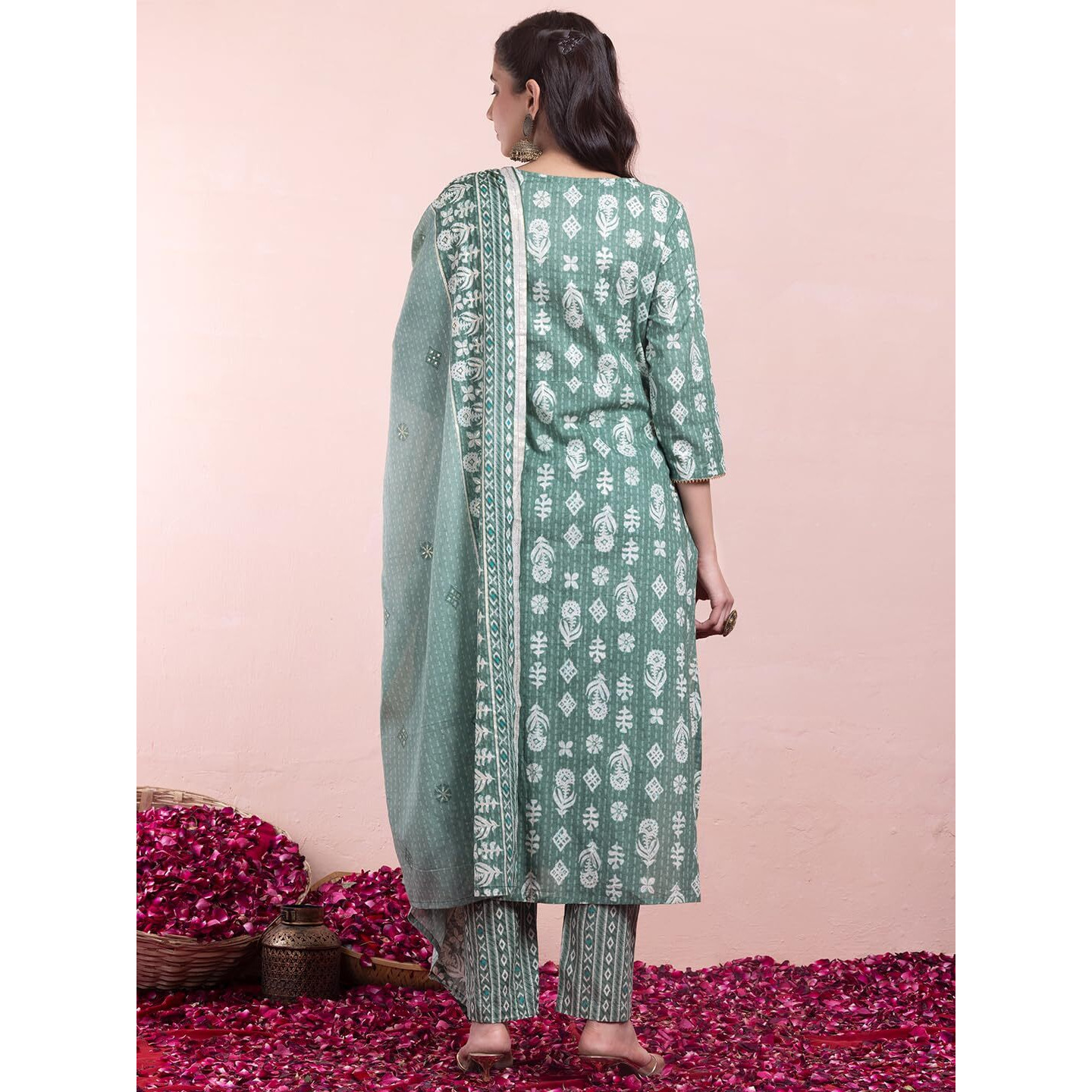 Indya Women's Cotton Kurta Sets (ICD00765_Green_M)