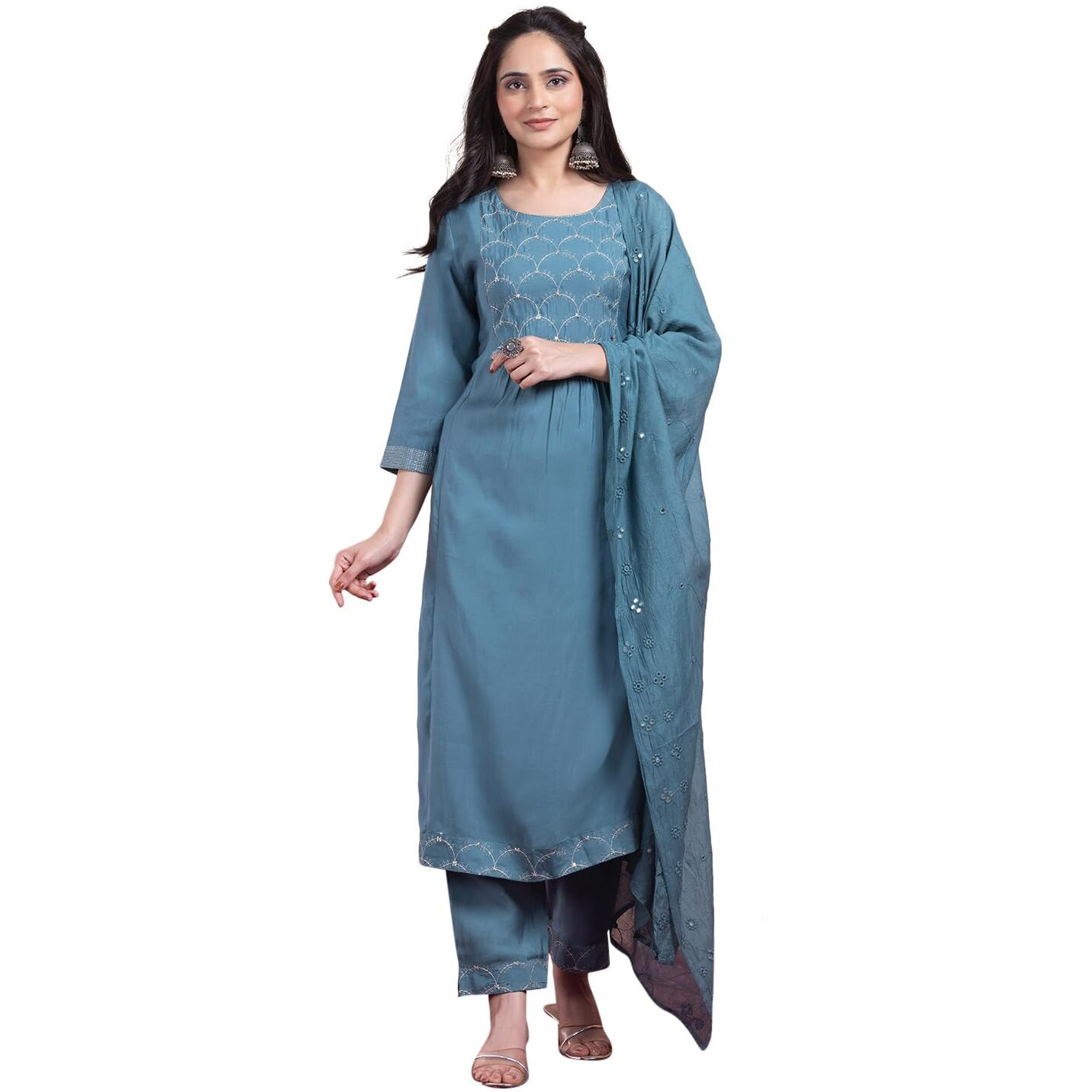 Indya Turquoise Zari Embroidered Chanderi A-Line Kurta With Pants And Dupatta (Set of 3)