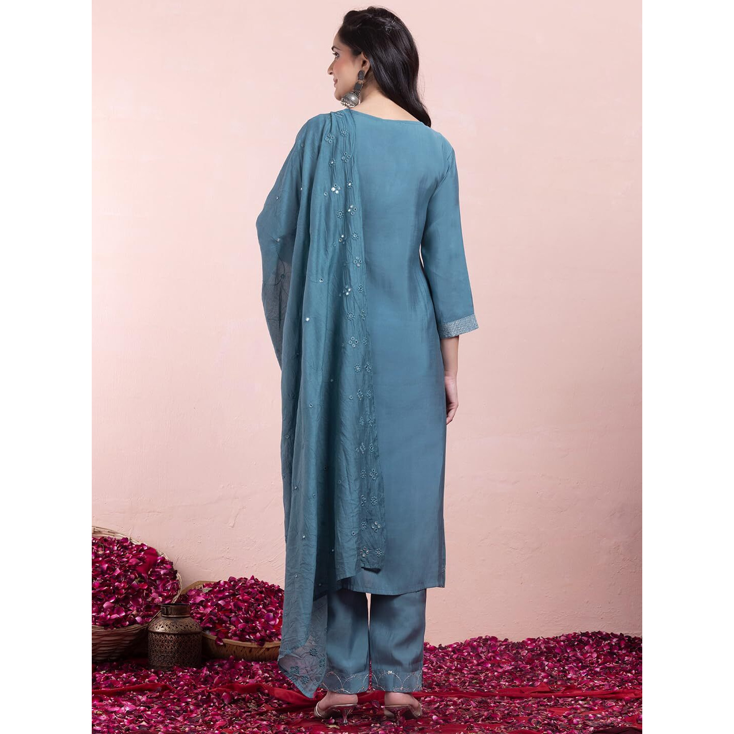 Indya Turquoise Zari Embroidered Chanderi A-Line Kurta With Pants And Dupatta (Set of 3)