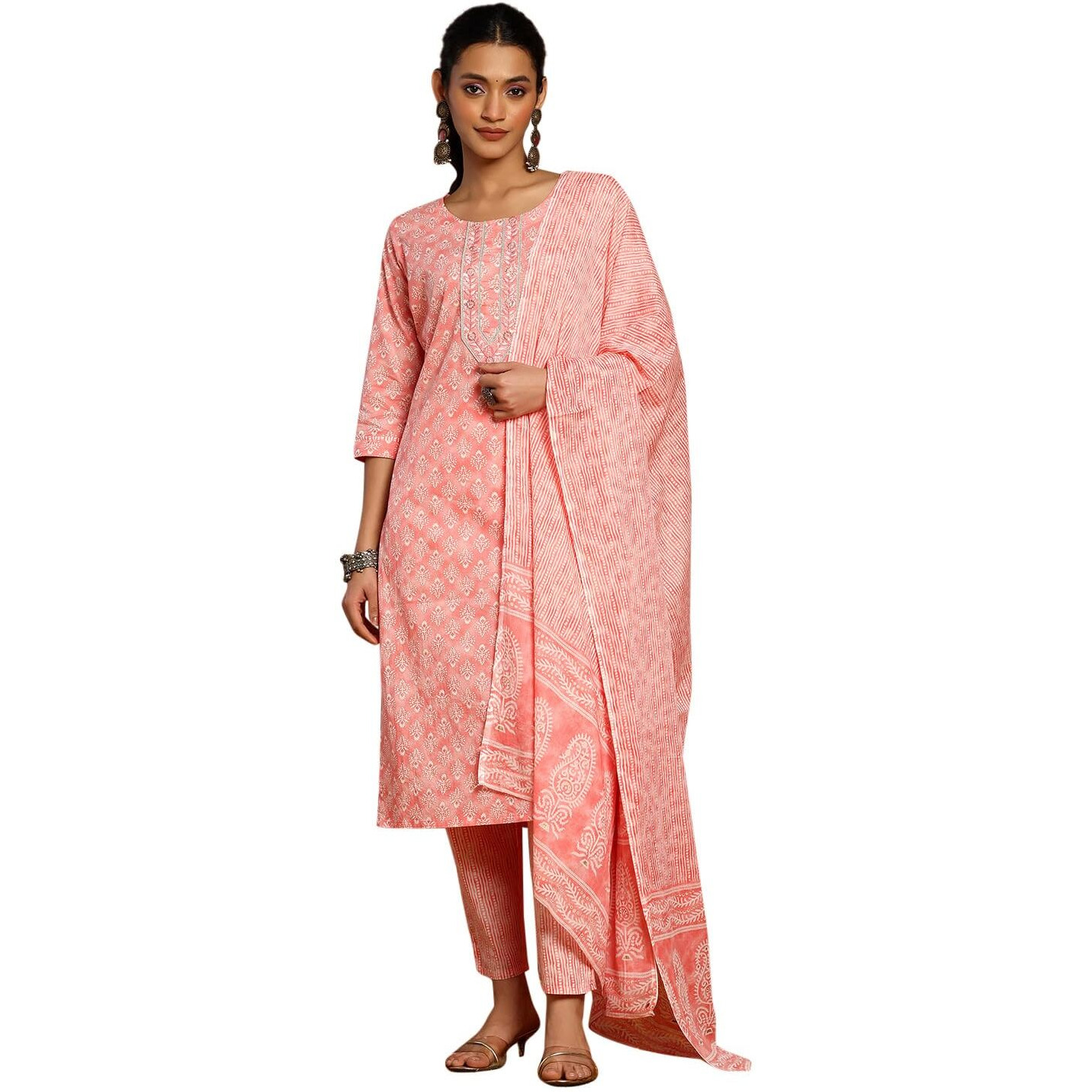 Indya Women's Cotton Kurta Sets (ICD00745_Peach_XL)