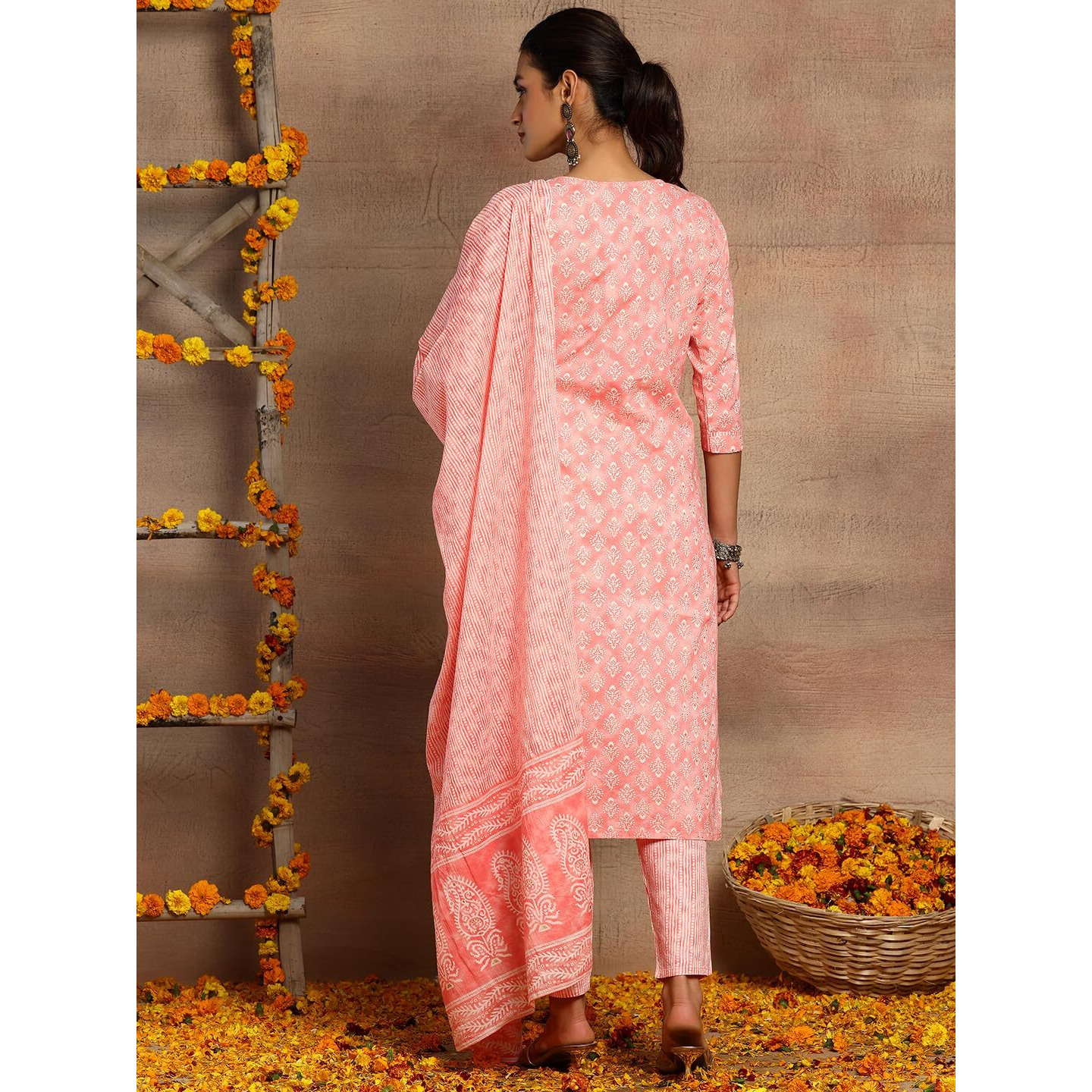 Indya Women's Cotton Kurta Sets (ICD00745_Peach_XL)