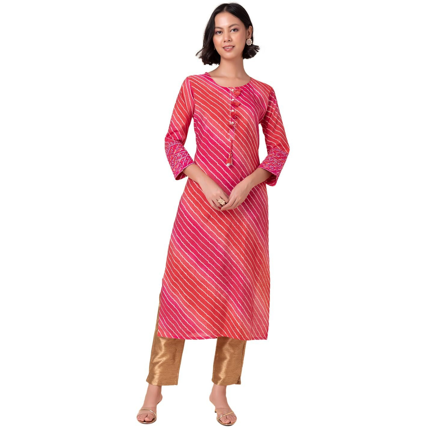 Indya Women's Muslin Leheriya Print Regular Kurta (ITN05488_Pink_XS)