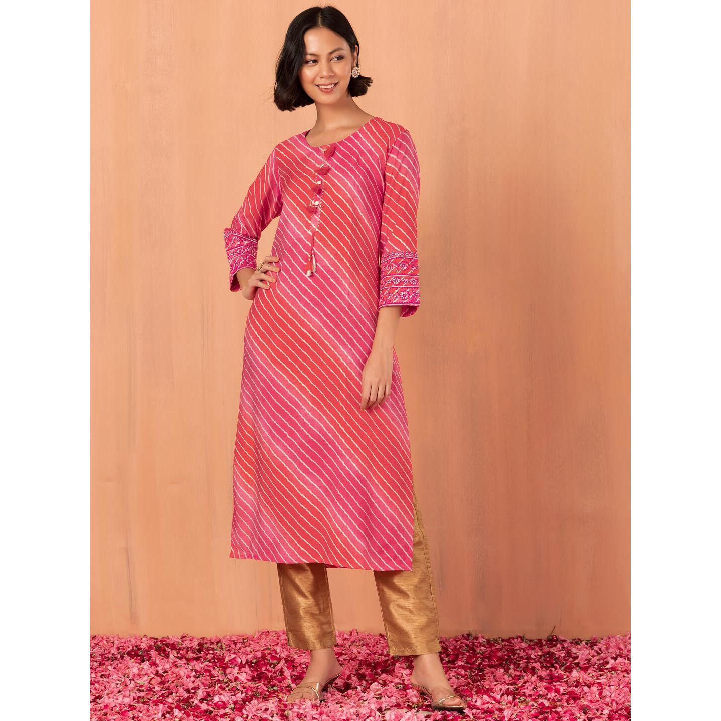 Indya Women's Muslin Leheriya Print Regular Kurta (ITN05488_Pink_XS)