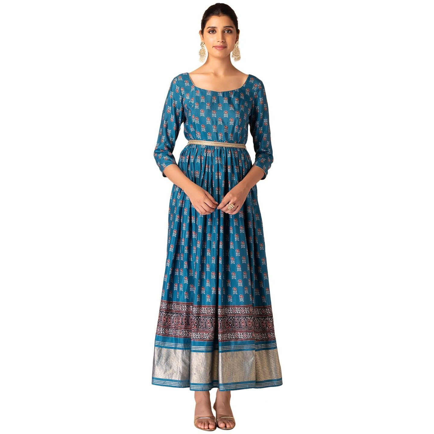 Indya Women's Silk Printed Regular Blue Ajrakh Boota Print Anarkali Kurta with Belt (Set of 2) (ITN05327
