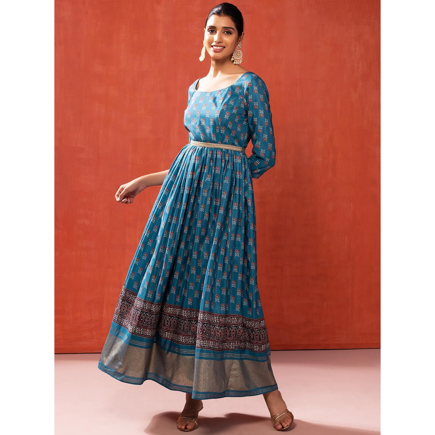 Indya Women's Silk Printed Regular Blue Ajrakh Boota Print Anarkali Kurta with Belt (Set of 2) (ITN05327