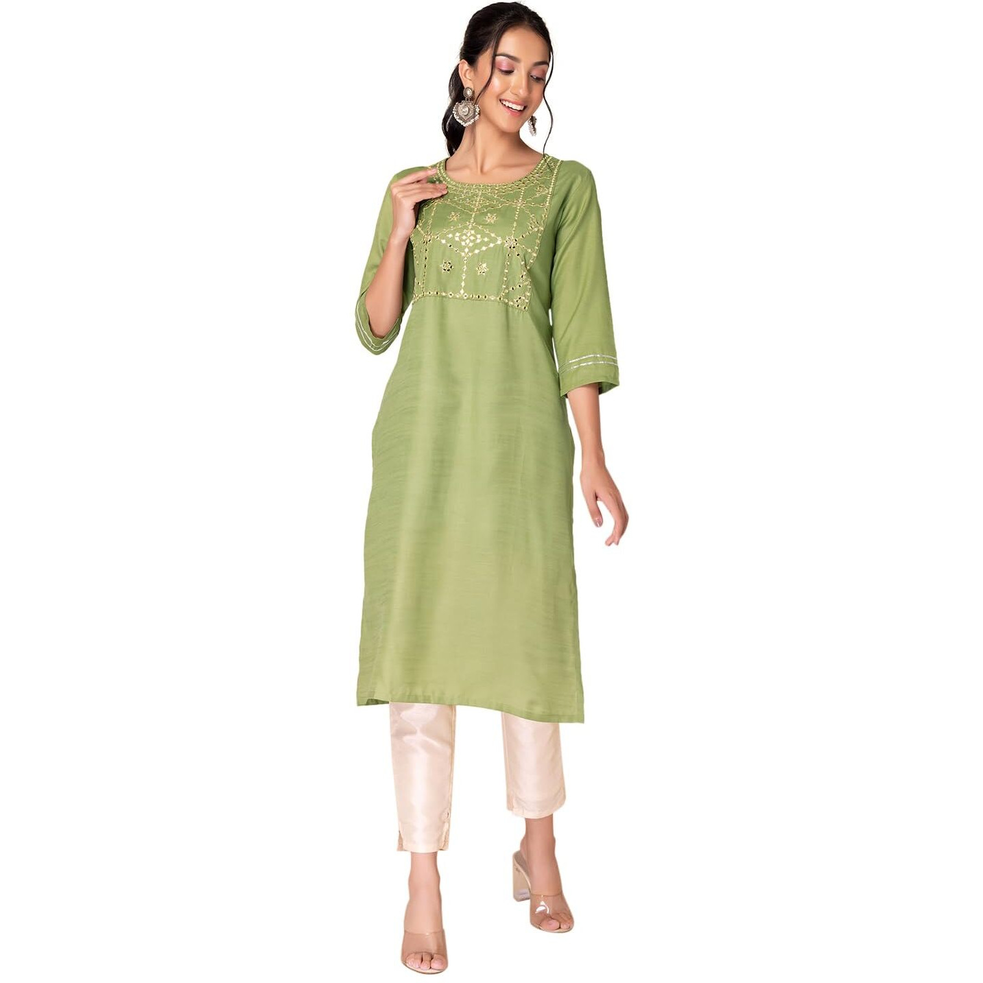 Indya Women's Poly Viscose Regular Kurta (ITN05785_Green_M)