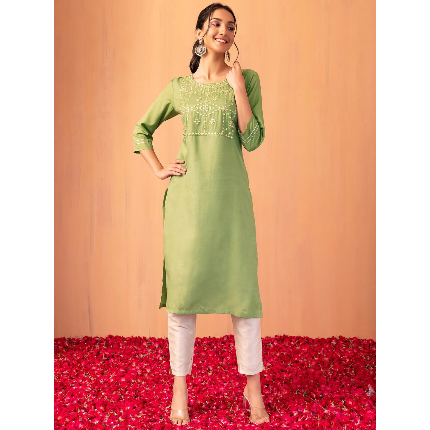 Indya Women's Poly Viscose Regular Kurta (ITN05785_Green_M)