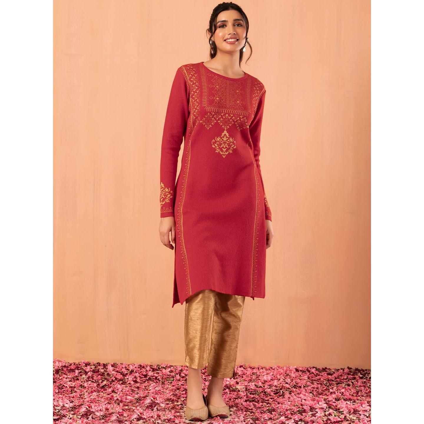 Indya Women's Acrylic Embroidered Regular Kurta (ITN05412_Red_XS)