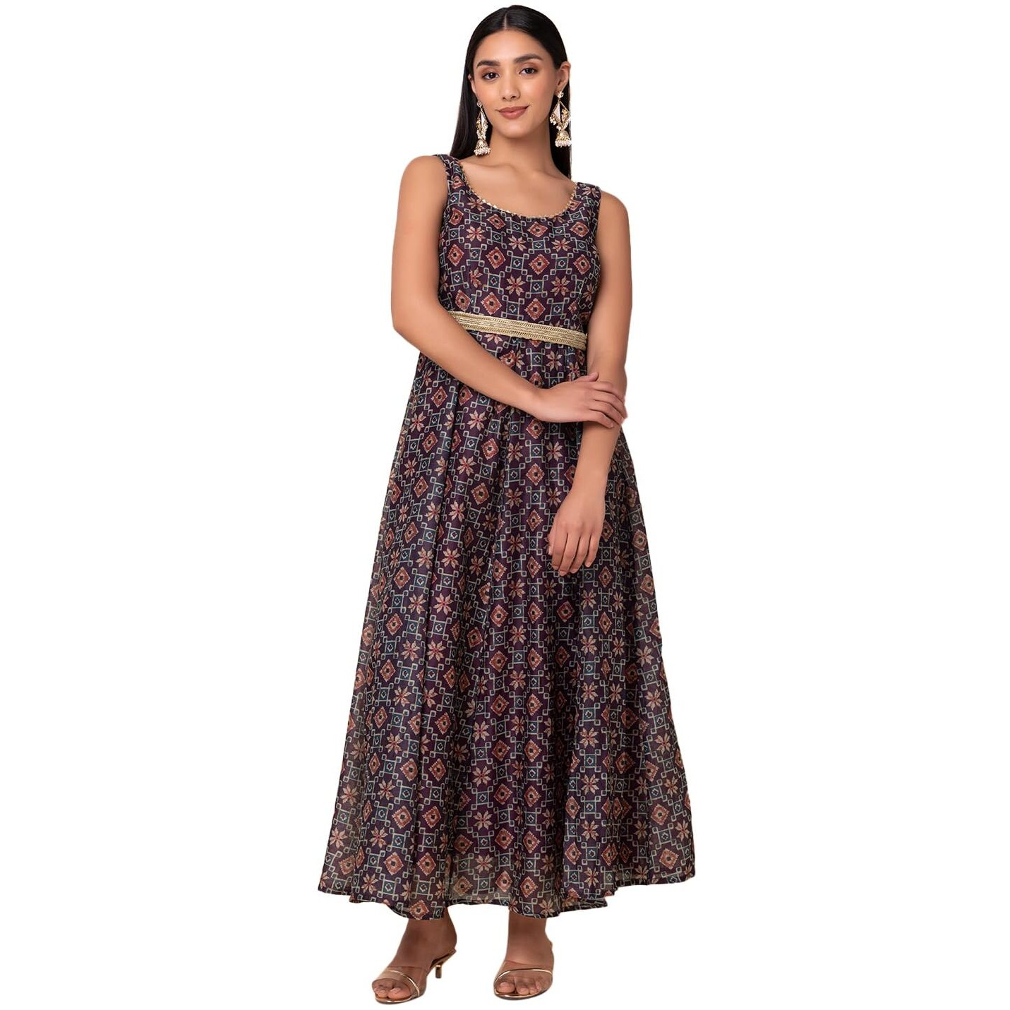 Indya Women's Chanderi Batik Pint Regular Dark Purple Ajrakh Print Anarkali Kurta with Belt (Set of 2) (ITN05307