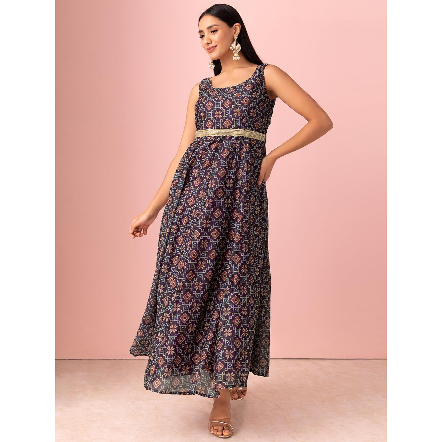 Indya Women's Chanderi Batik Pint Regular Dark Purple Ajrakh Print Anarkali Kurta with Belt (Set of 2) (ITN05307