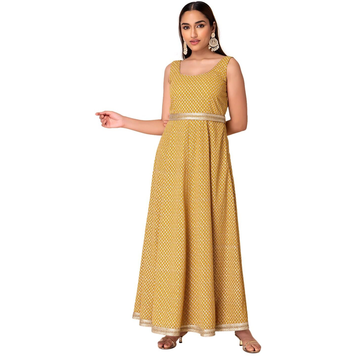 Indya Women's Georgette Foil Print Regular Kurta (ITN05306_Yellow_S)
