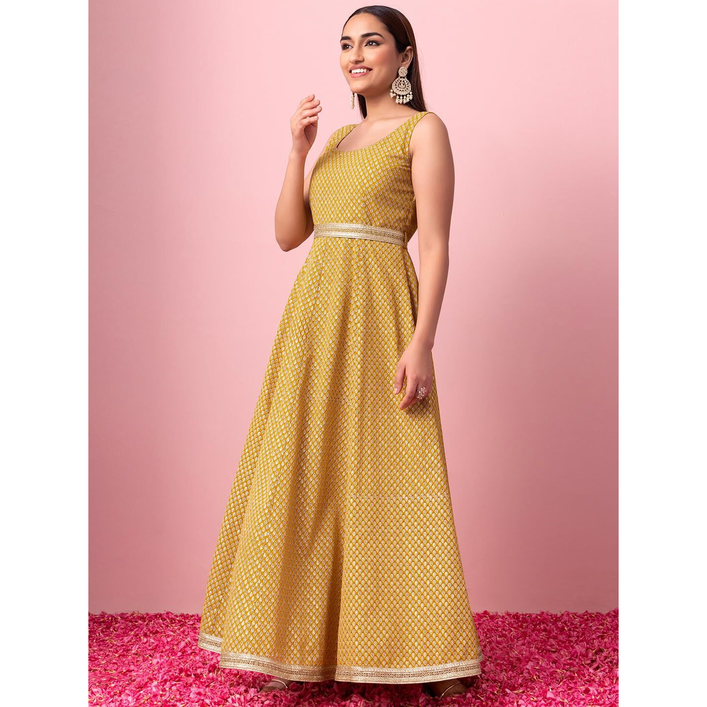 Indya Women's Georgette Foil Print Regular Kurta (ITN05306_Yellow_S)