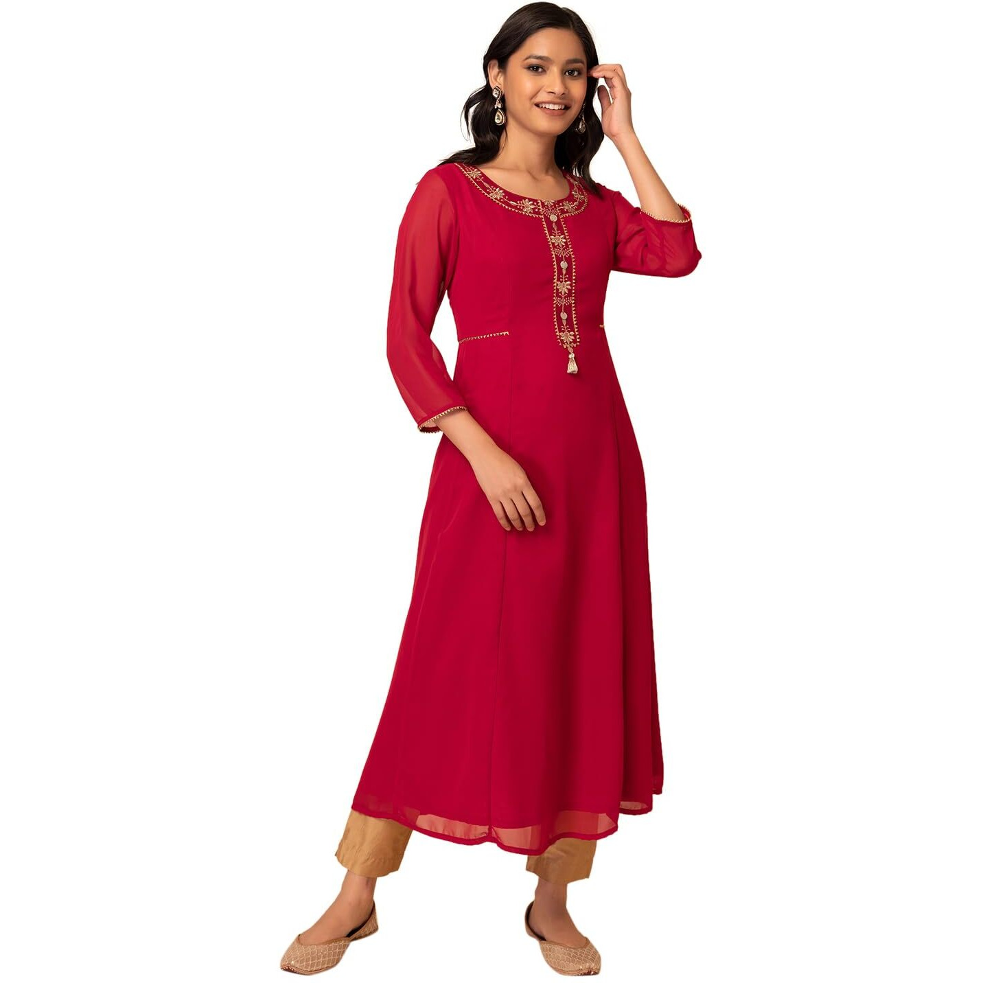 Faballey Women's Georgette Regular Red Zari Thread Embroidered A-Line Kurta (ITN05295 S)