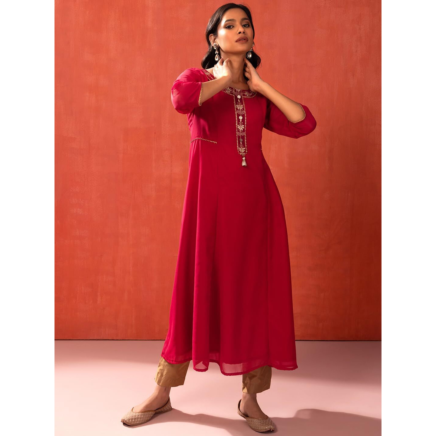 Faballey Women's Georgette Regular Red Zari Thread Embroidered A-Line Kurta (ITN05295 S)