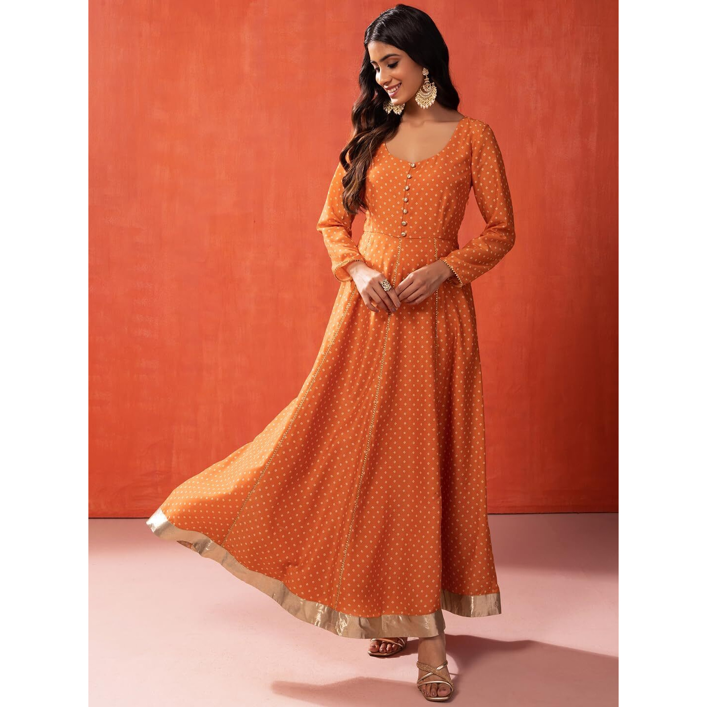 Indya Women's Georgette Anarkali Standard Length Kurtas (ITN05381_Orange_XL)