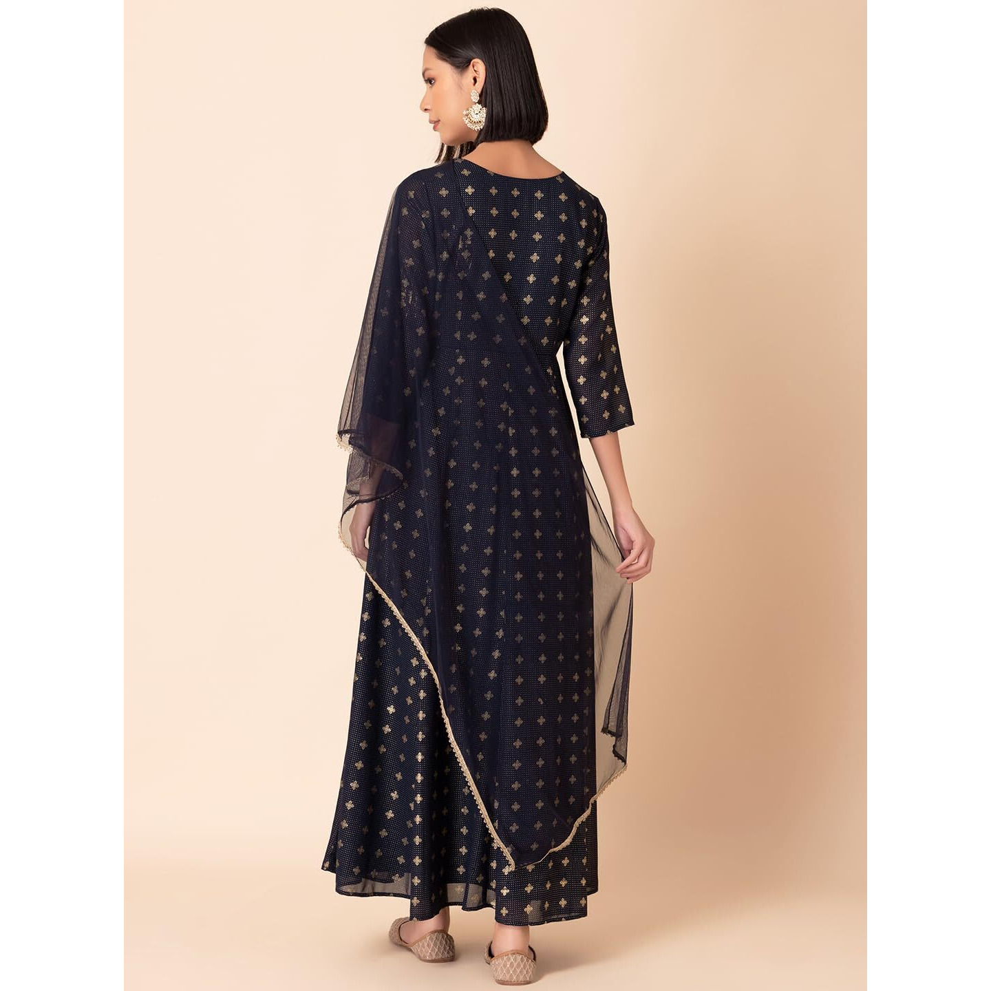 Indya Women's Georgette Foil Print Relaxed Kurta (ITN05313_Blue_XS)